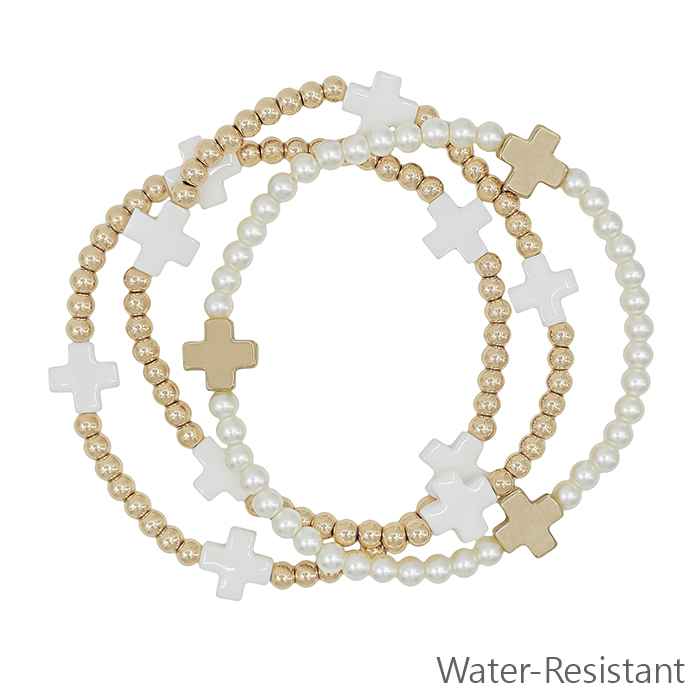 Water Resistant Gold Beaded with White Cross and Pearl Set of 3 Stretch Bracelets