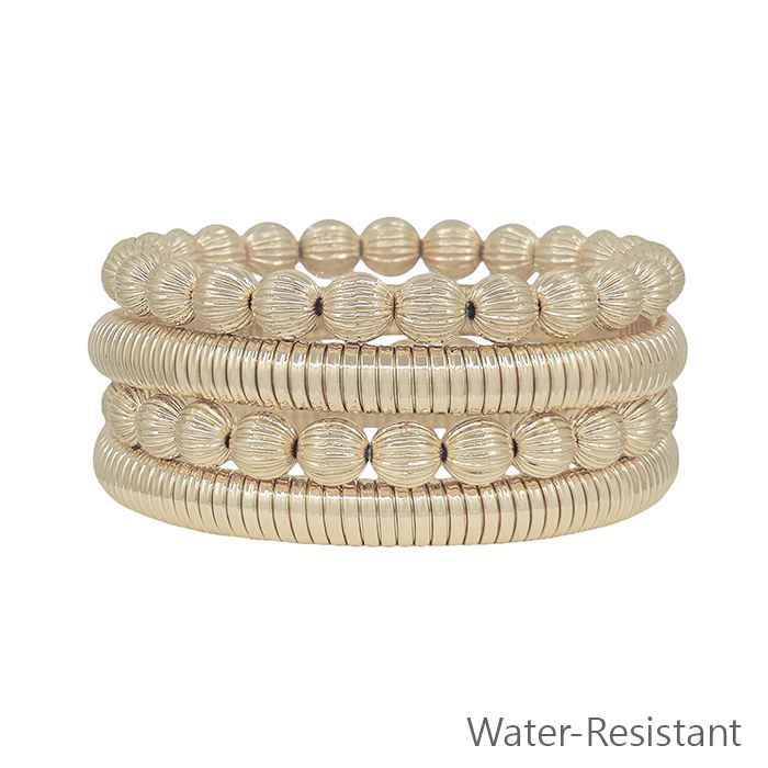 Set of 4 8MM Textured Beaded Gold Ribbed Stretch Bracelets