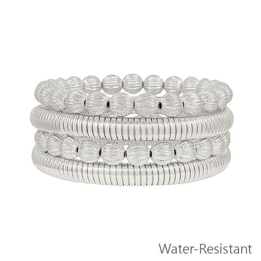 Set of 4 8MM Textured Beaded Silver Ribbed Stretch Bracelets