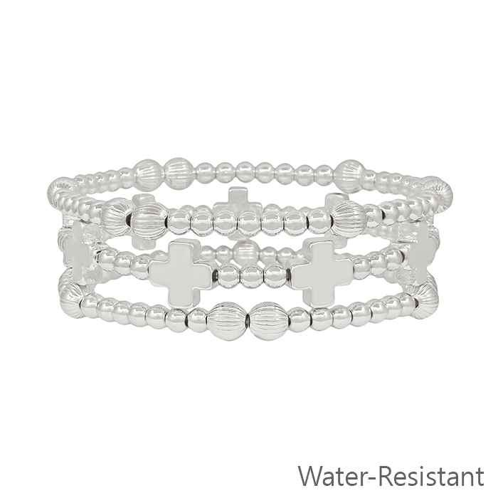 Water Resistant Silver Beaded and Silver Cross Set of 3 Stretch Bracelets