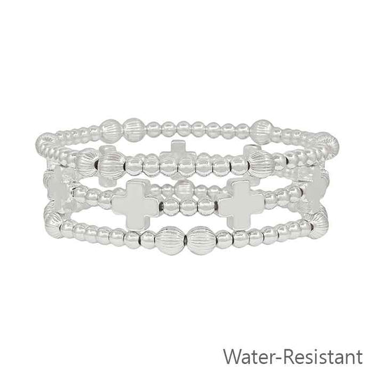 Water Resistant Silver Beaded and Silver Cross Set of 3 Stretch Bracelets