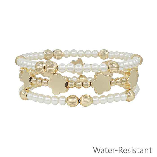 Water Resistant Gold Beaded with Flower and Pearl Set of 3 Stretch Bracelets