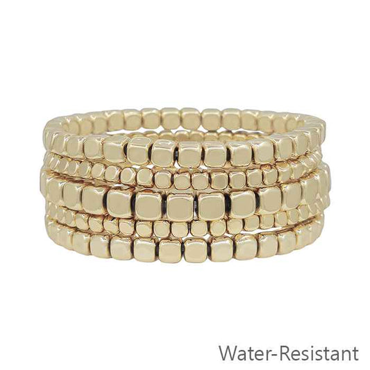 Set of 5 4/5/6MM Shiny Gold Square Beaded Stretch Bracelets