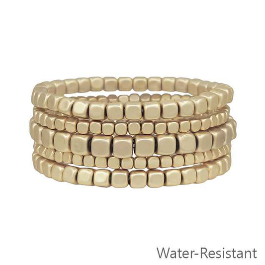 Set of 5 4/5/6MM Matte Gold Square Beaded Stretch Bracelets