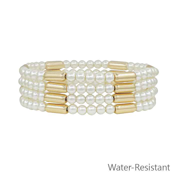 Pearl Beaded with Gold Cylinder Set of 4 Stretch Bracelets