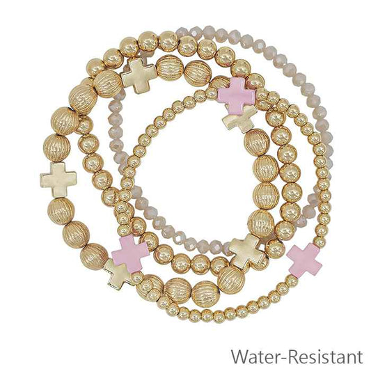Water Resistant Set of 4 Gold Textured Beaded, Cross, with Pink Cross and Crystal Stretch Bracelets