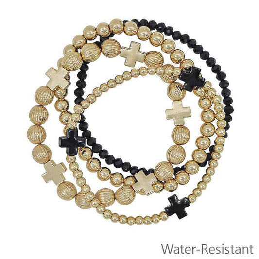 Water Resistant Set of 4 Gold Textured Beaded, Cross, with Black Cross and Crystal Stretch Bracelets
