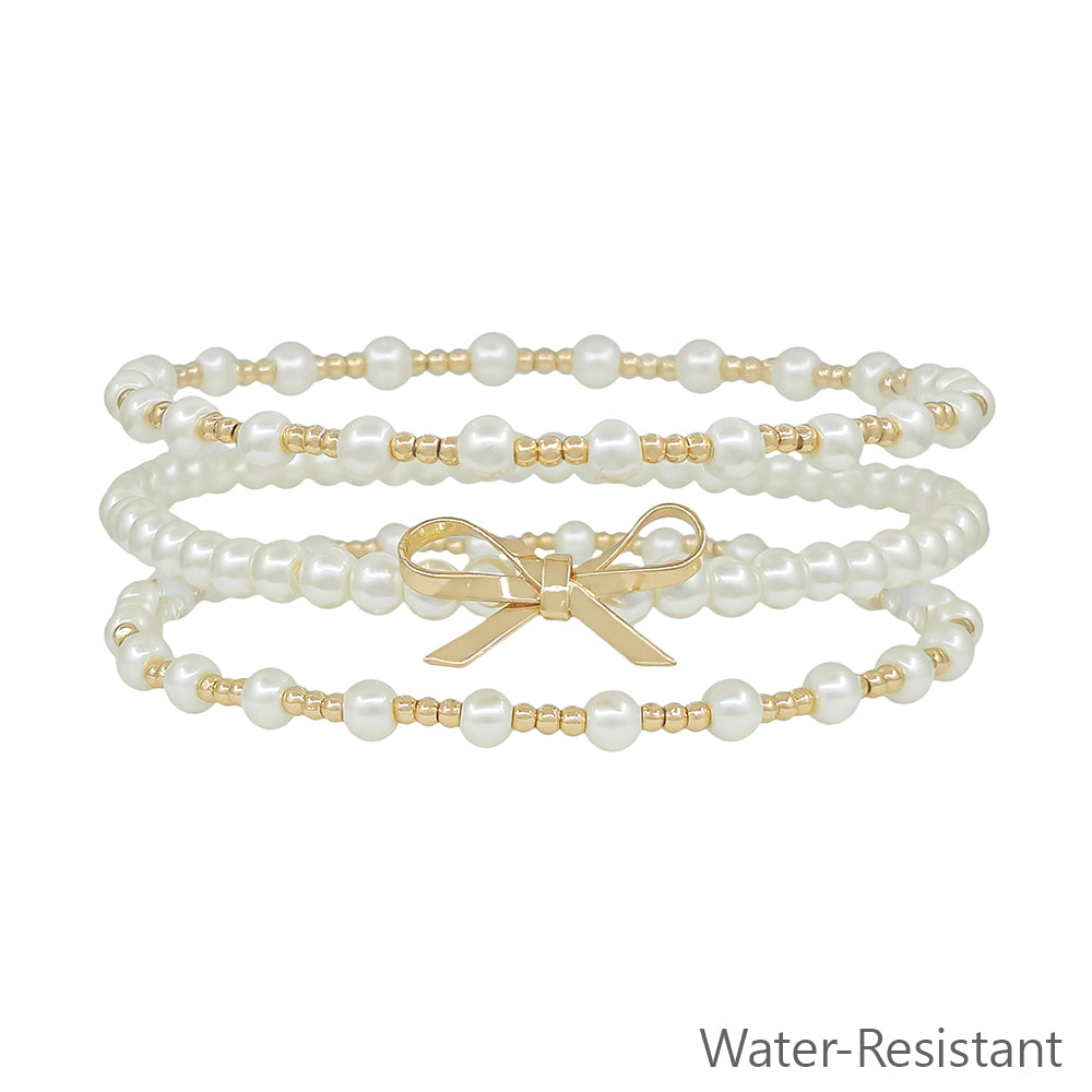 Set of 3 Pearl and Gold with Gold Bow Stretch Bracelets