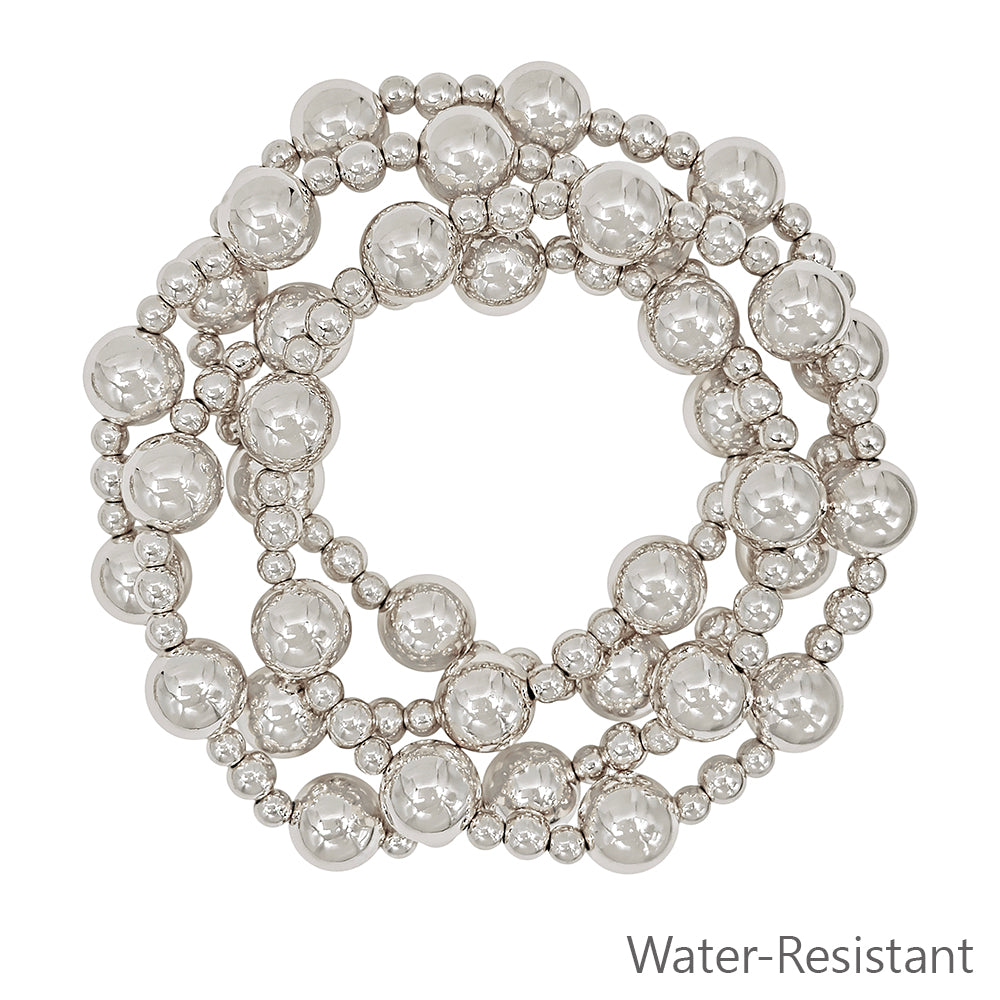 Water Resistant Set of 4 Silver 10MM and 4MM Beaded Stretch Bracelets