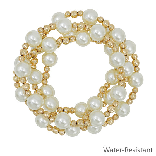 Water Resistant Set of 4 Gold 10MM and 4MM Pearl Beaded Stretch Bracelets