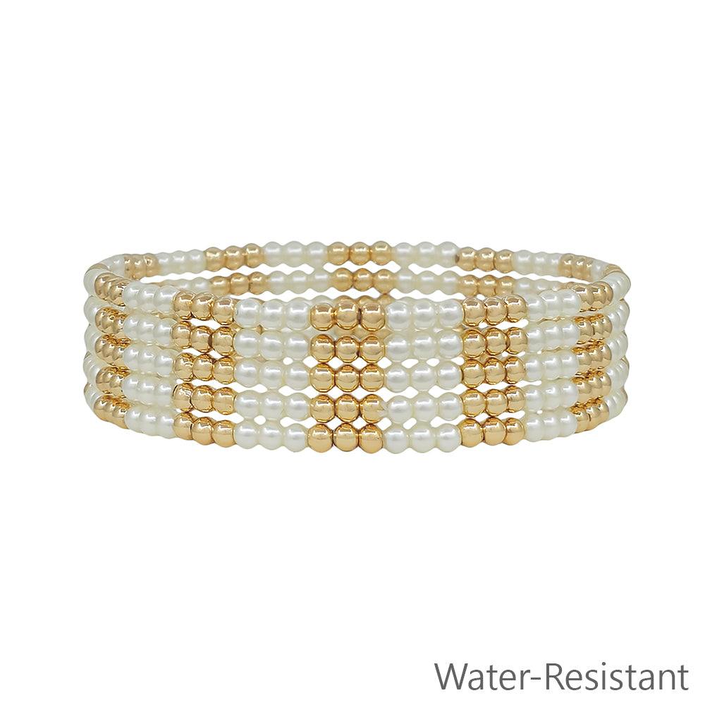 Water Resistant Set of 5 Gold and Pearl 3MM Beaded Stretch Bracelet Set