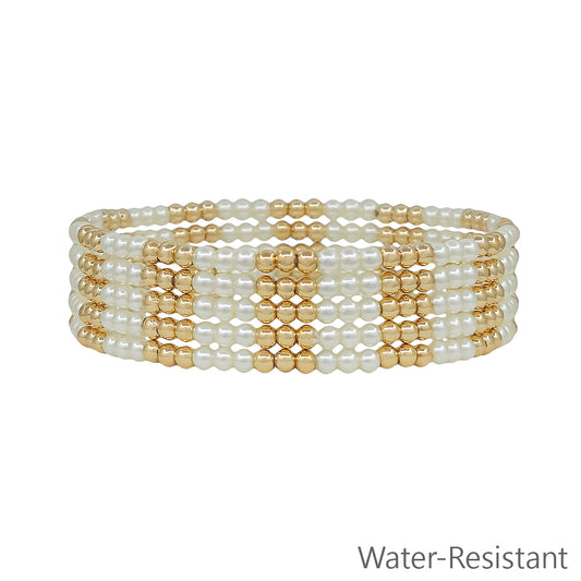 Water Resistant Set of 5 Gold and Pearl 3MM Beaded Stretch Bracelet Set