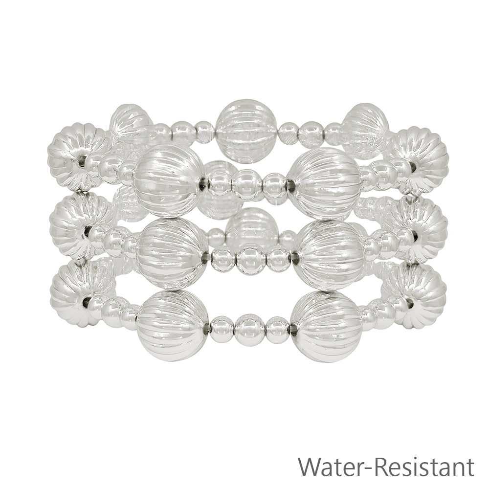 Water Resistant Set of 3 Silver Beaded with 14MM Textured Beaded Bracelet Set