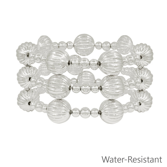 Water Resistant Set of 3 Silver Beaded with 14MM Textured Beaded Bracelet Set