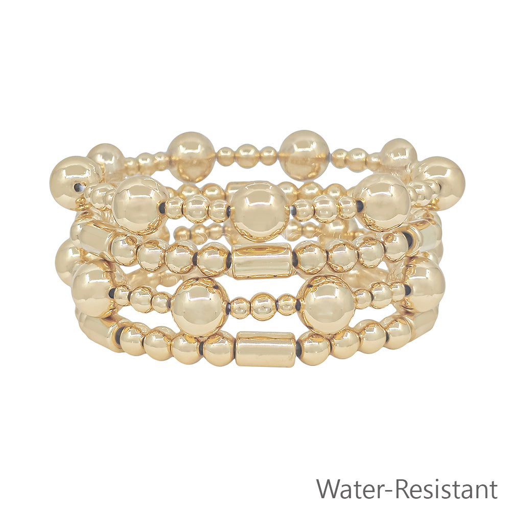 Set of 4 10MM Gold Beaded with Cylinder Beaded Stretch Bracelets
