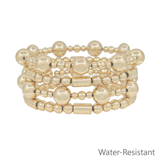 Set of 4 10MM Gold Beaded with Cylinder Beaded Stretch Bracelets