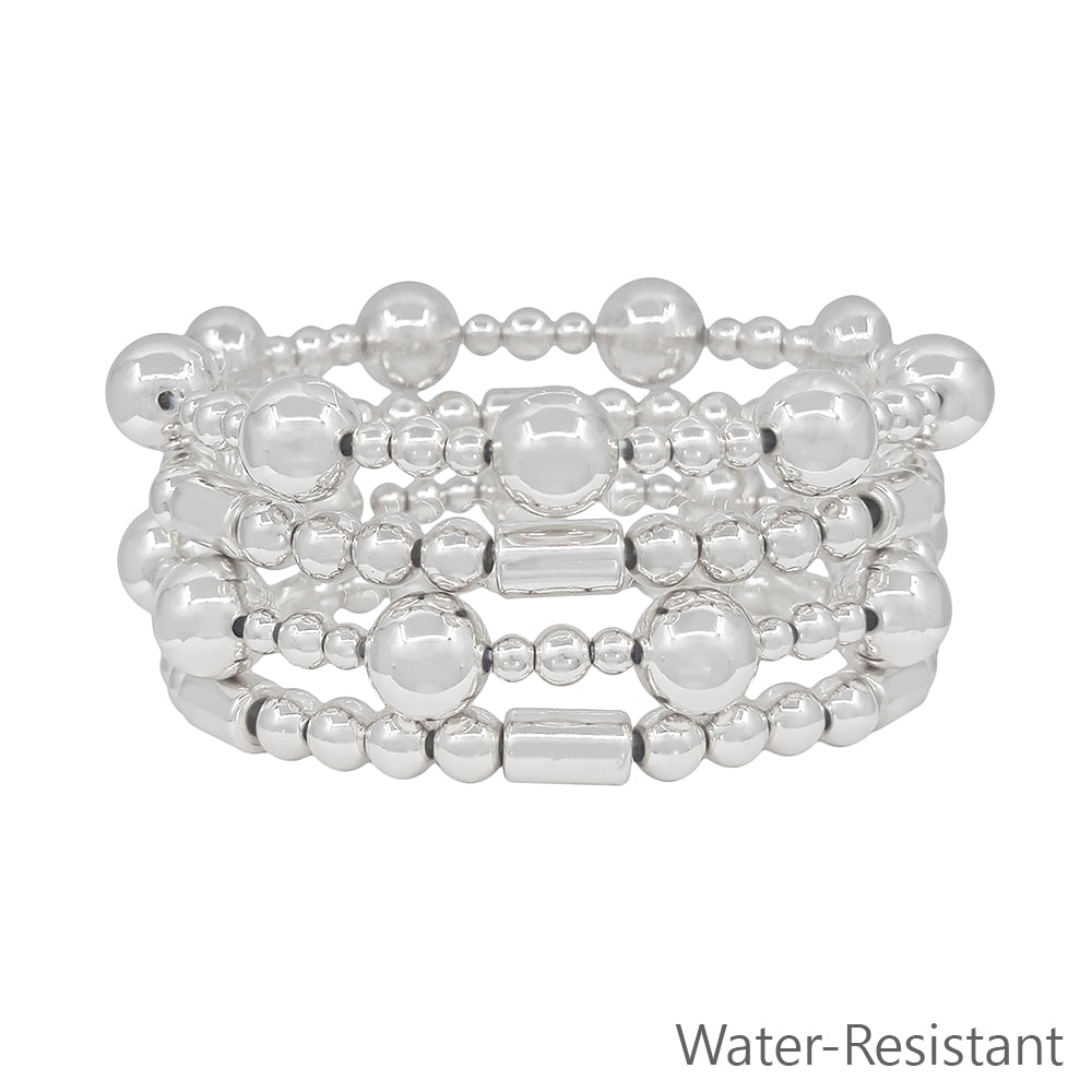 Set of 4 10MM Silver Beaded with Cylinder Beaded Stretch Bracelets