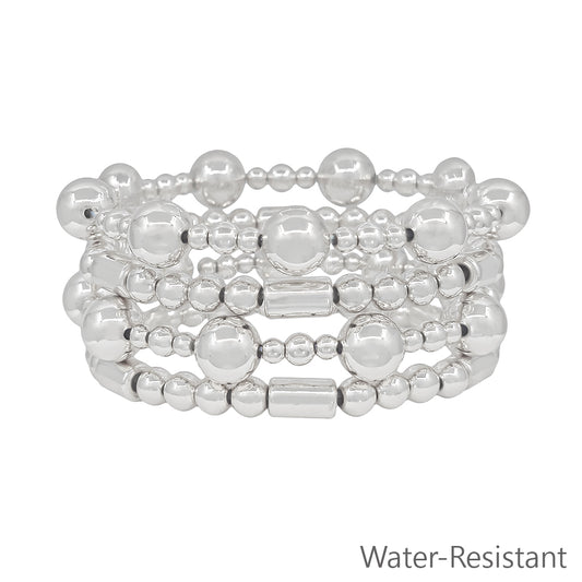 Set of 4 10MM Silver Beaded with Cylinder Beaded Stretch Bracelets
