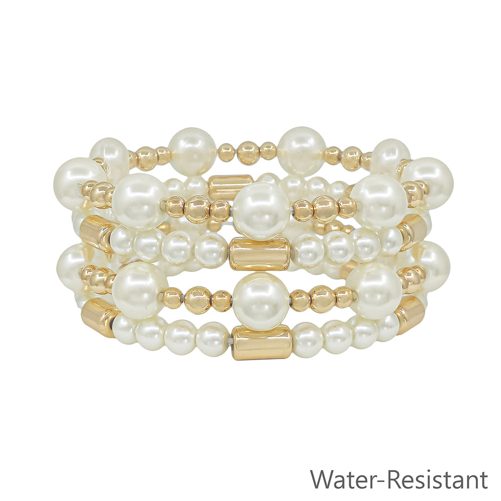 Set of 4 10MM Pearl Beaded with Cylinder Beaded Stretch Bracelets