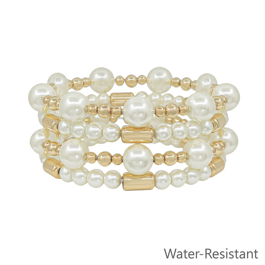 Set of 4 10MM Pearl Beaded with Cylinder Beaded Stretch Bracelets