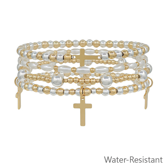 Water Resistant Set of 4 Gold and Silver Beaded with Pearl and Cross Charms Stretch Bracelet
