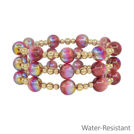 Set of 3 Gold Beaded with Purple "Candy" 10mm Beaded Stretch Bracelets
