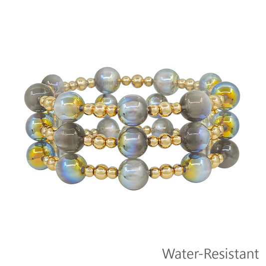 Set of 3 Gold Beaded with Grey "Candy" 10mm Beaded Stretch Bracelets