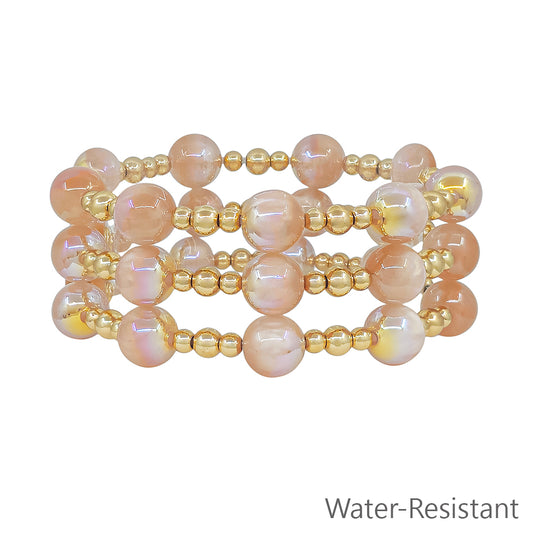 Set of 3 Gold Beaded with Champagne "Candy" 10mm Beaded Stretch Bracelets