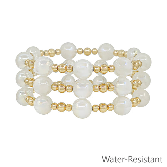 Set of 3 Gold Beaded with White "Candy" 10mm Beaded Stretch Bracelets