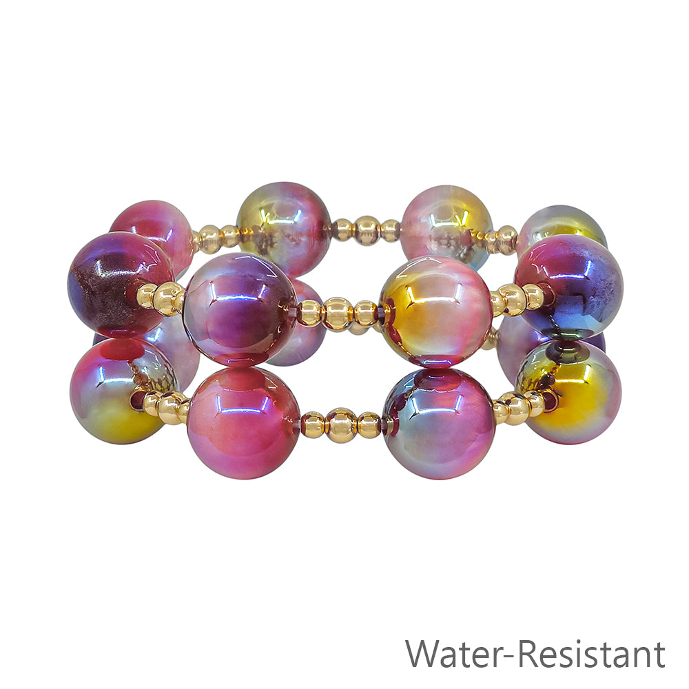 Set of 2 Gold Beaded with Purple "Candy" 16mm Beaded Stretch Bracelets