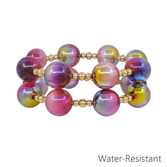 Set of 2 Gold Beaded with Purple "Candy" 16mm Beaded Stretch Bracelets