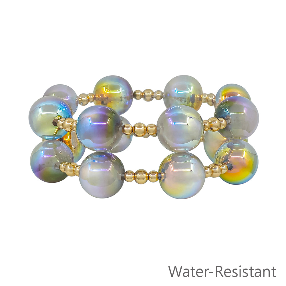 Set of 2 Gold Beaded with Dark Grey "Candy" 16mm Beaded Stretch Bracelets