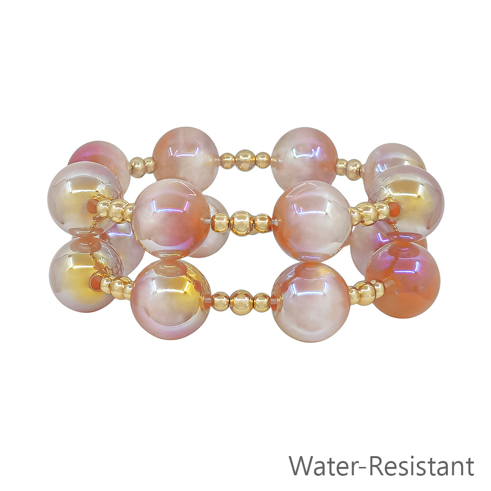 Set of 2 Gold Beaded with Champagne "Candy" 16mm Beaded Stretch Bracelets
