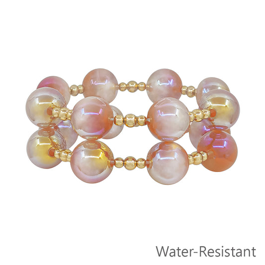 Set of 2 Gold Beaded with Champagne "Candy" 16mm Beaded Stretch Bracelets