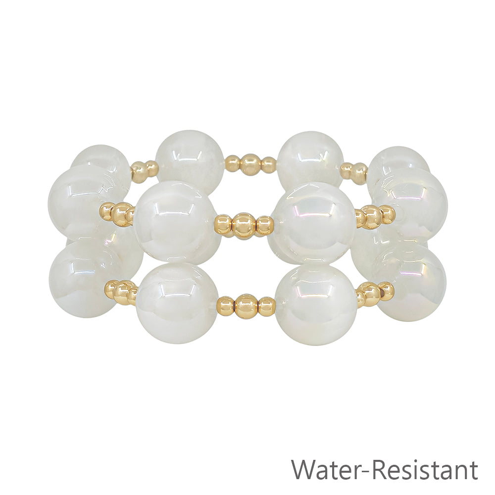 Set of 2 Gold Beaded with White "Candy" 16mm Beaded Stretch Bracelets