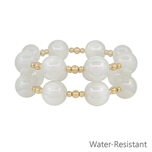 Set of 2 Gold Beaded with White "Candy" 16mm Beaded Stretch Bracelets