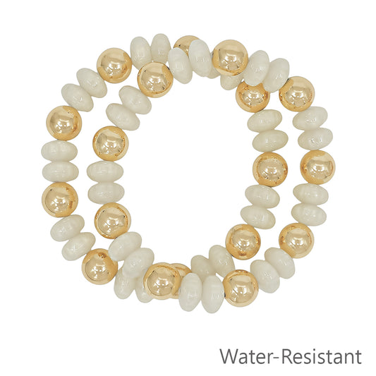Set of 2 White and Gold Beaded Stretch Bracelets