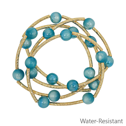 Set of 3 Turquoise "Candy" Beaded with Gold Piping Stretch Bracelets