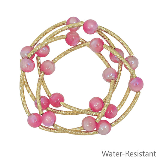 Set of 3 Pink "Candy" Beaded with Gold Piping Stretch Bracelets