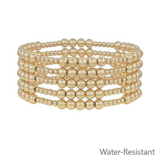 Set of 5 5MM & 3MM Beaded Gold Stretch Bracelet