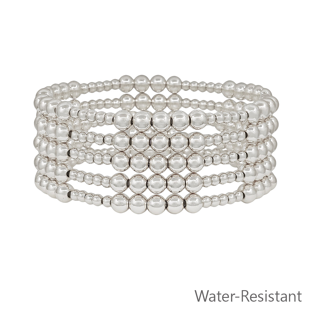 Set of 5 5MM & 3MM Beaded Silver Stretch Bracelet