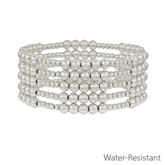 Set of 5 5MM & 3MM Beaded Silver Stretch Bracelet