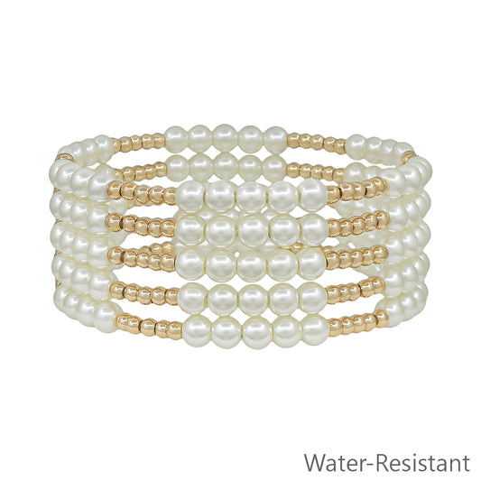 Set of 5 5MM & 3MM Beaded Pearl and Gold Stretch Bracelet
