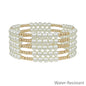 Set of 5 5MM & 3MM Beaded Pearl and Gold Stretch Bracelet