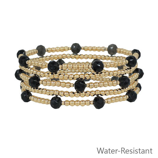 Water Resistant Set of 5 Gold Beaded with Black Crystal Stretch Bracelet