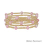Water Resistant Set of 5 Gold Beaded with Pink Crystal Stretch Bracelet
