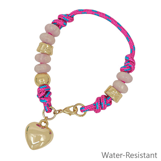 Hot Pink Thread with Natural Stone and Gold with Gold Puffy Heart Bracelet