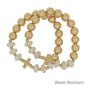 Set of 2 Gold Beaded with White Crystals and Gold Cross Stretch Bracelets