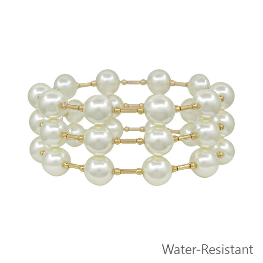 Water Resistant Set pf 3 Gold Bar with 10MM Pearl Beaded Stretch