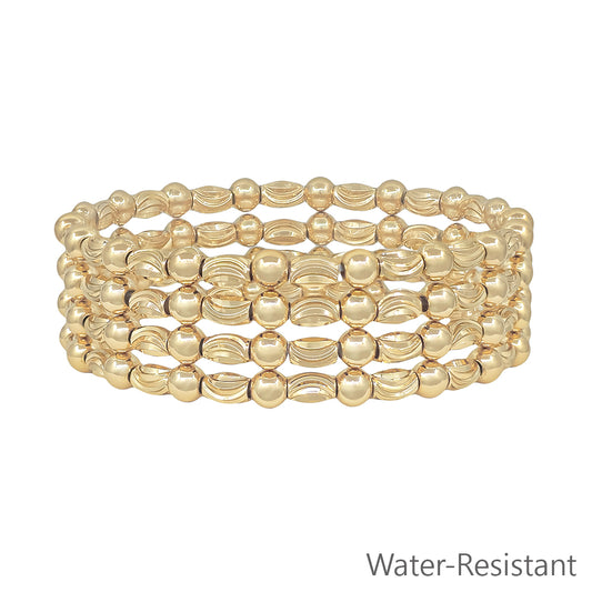 Gold Textured Oval and Gold Beaded Set of 4 Stretch Bracelets